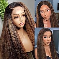 Highlight Kinky Straight Human Hair Wigs Ombre Brown 4/27 Color Wig HD Transparent Lace Front Human Hair Wigs 150% Density Pre Plucked 13X4 HD Lace Front Wigs For Women HD Lace Frontal Wig 26 Inch