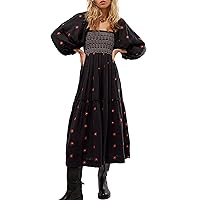 Gacaky Summer Dress for Women Casual Floral Embroidered Maxi Dress Long Square Neck Tiered Flowy Maxi Dress