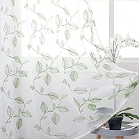 Sheer Curtains 63 inches Length, Faux Linen Embroidered Green Leaf Pattern Semi Sheer Voile Drapes Light Filtering Grommet Privacy Window Treatment for Bedroom, 2 Panels, 52 x 63 Inch, White