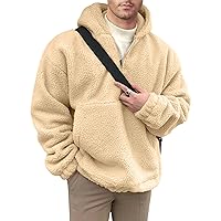Mens Sherpa Fuzzy Pullover Hoodie Sweatshirts 1/4 Zip Up Oversized Top Long Sleeve Fleece Jacket with Pockets