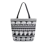 ALAZA Large Canvas Tote Bag Ethnic Elephant Bohemian Boho Black Shopping Shoulder Handbag with Small Zippered Pocket