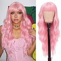 NAYOO Long Pink Wigs with Bangs for Women Curly Wavy Hair Wigs Heat Resistant Synthetic Fiber Wigs for Daily Party Use 26 Inches (Pink)