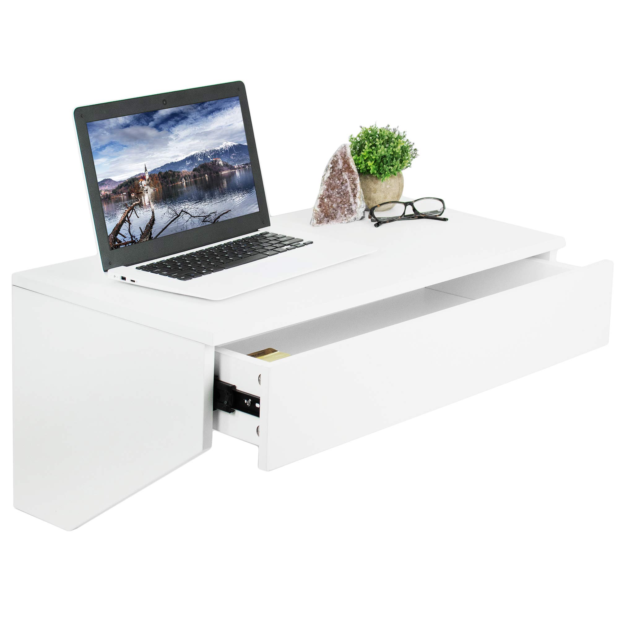 VIVO White Wall Mounted Desk with 28 inch Surface and Pull Out Drawer, Floating Wall Organizer, Under Storage Workstation, DESK-SF01W