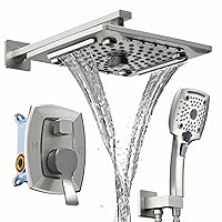 ELLO&ALLO Shower Faucet Set Mixing Valve and Trim Kit Brushed Nickel, Rainfall Waterfall Shower Head with Handheld Combo
