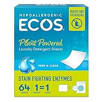 ECOS Laundry Detergent Sheets Vegan, No Plastic Jug, No Mess & Liquid Free - Laundry Sheets in Washer - Hypoallergenic, Plant Powered Laundry Detergent Sheets - Free and Clear - 64 Sheets (Pack of 1)