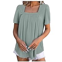 Lightning Deals Of Today Clearance Loose Fit Square Neck T Shirt Ladies Hide Belly Pleated Tops Summer Fashion Plain Tee Flowy Puff Sleeve Blouses Crop Shirts For Women