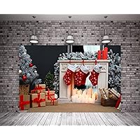 10x10ft Christmas Fireplace Theme Backdrop Christmas Tree Stocking Photography Background for New Year Party Banner Family Holiday Party Supplies
