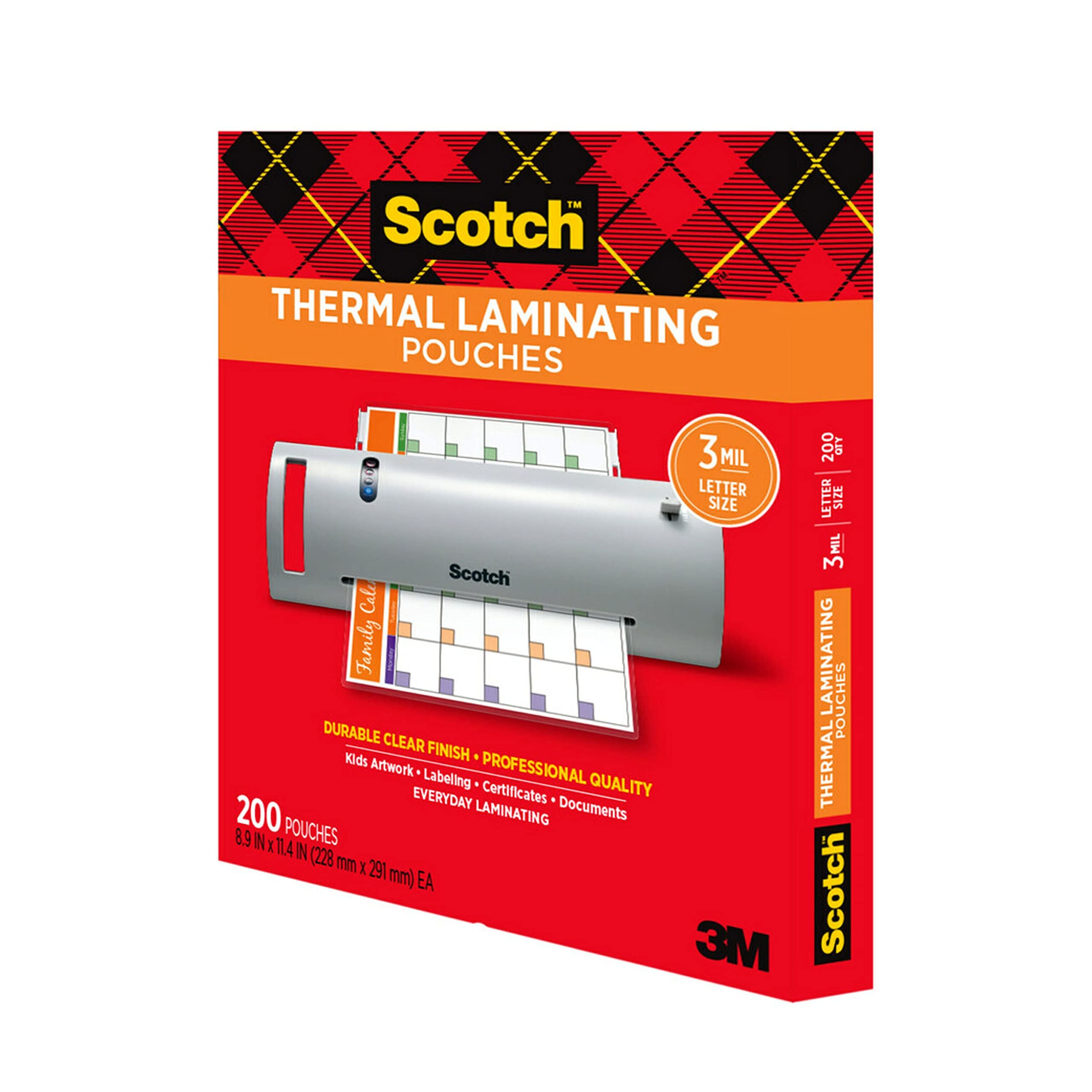 Scotch Thermal Laminating Pouches, 200 Pack Laminating Sheets, 3 Mil, 8.9 x 11.4 Inches, Education Supplies & Craft Supplies, For Use With Thermal Laminators, Letter Size Sheets (TP3854-200)