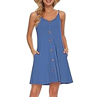 WNEEDU Women's Summer Spaghetti Strap Button Down V Neck Casual Beach Cover Up Dress with Pockets