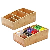 Dicunoy 2 Pack Bamboo Tea Bags Organizer, Wood Coffee Supplies Holder Box, Coffee Condiment Station Storage with 5 Compartments for Sugar Packet, Stirrer, Creamer Singles, Sweetener