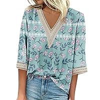 3/4 Length Sleeve Womens Tops Dressy Casual V Neck Lace Shirts Trendy Summer Floral Blouses Going Out Tops 2024 S-3XL