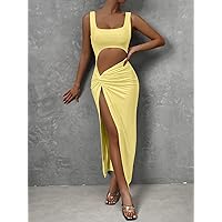 2023 Women's Dresses Cut Out Twist Front Split Thigh Dress Women's Dresses (Color : Yellow, Size : Small)