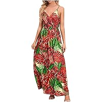 Sundresses for Women Sexy V Neck Sleeveless Spaghetti Strap Dress Summer Beach Dress Trendy Print Boho Maxi Dresses