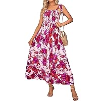 Women's Summer Maxi Dress 2024 Boho Floral Smocked Shirred Beach Sundress
