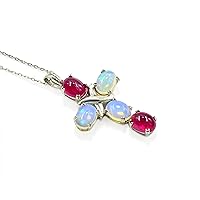 Natural Ruby and Opal Cabochon Gemstone 8X6 MM Oval Cut Holy Cross Pendant Necklace 925 Sterling Silver July Birthstone Ruby Jewelry Birthday Gift For Wife (PD-8471)