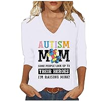 Autism Mom Letter Shirt Women Autism Awareness Inspirational Tee Tops 3/4 Sleeve V Neck Puzzle Piece Graphic T-Shirt