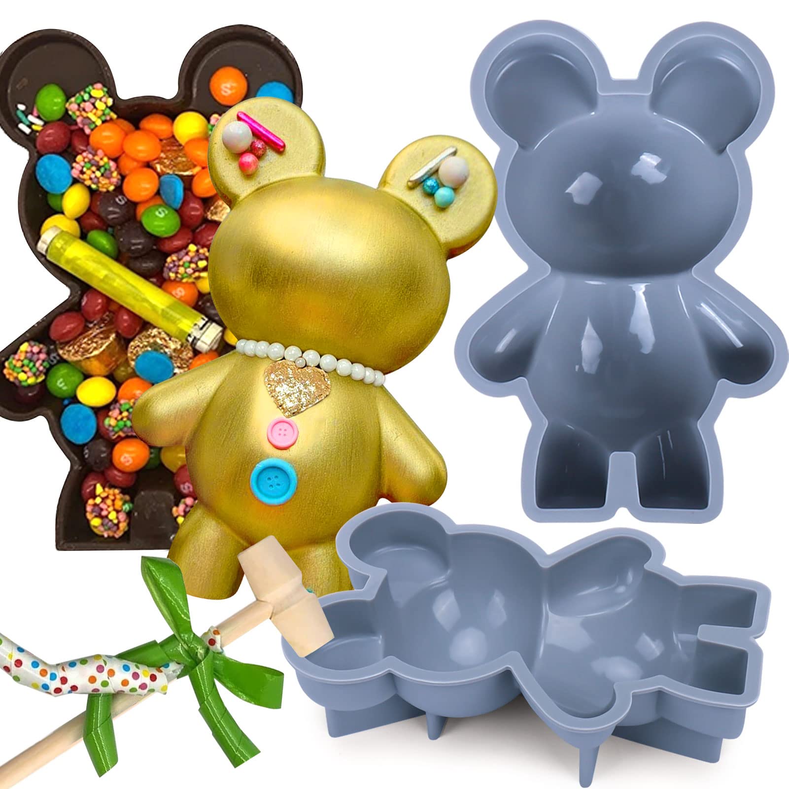 AIERSA Bear Chocolate Silicone Molds, 2Pcs 3D Teddy Bear Breakable Mold with Hammer for Smash Bears, Candy Molds,Mousse Cake, Dessert Baking,Jello, Big Gummy Bear, Birthday Valentines Day