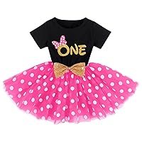 Mouse 1st Birthday Outfit for Baby Girl My First Birthday Outfits Cake Smash Outfit Mini Tutu Skirt Polka Dots Dress Mouse Themed Birthday Party Supply Toddler Princess Photo Shoot Black + Rose One 1T