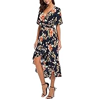 Kormei Women V Neck Short Sleeve Floral High Low Flowy Summer Beach Casual Long Maxi Dress