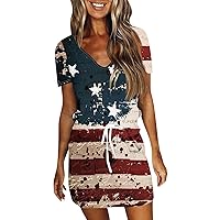 Women's 4Th of July Outfits for Girls Casual Beach Dress Independence Day Printed Drawstring Short Dress, S-2XL
