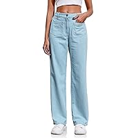 PLNOTME Womens High Waisted Striped Jeans Casual Straight Leg Denim Pants with Pockets
