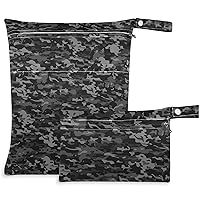 visesunny Black Camouflage 2Pcs Wet Bag with Zippered Pockets Washable Reusable Roomy Diaper Bag for Travel,Beach,Daycare,Stroller,Diapers,Dirty Gym Clothes,Wet Swimsuits,Toiletries