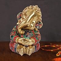Color Stone Handwork Brass Ganesha Statue Baby Bal Ganesh Murti Idol Home Decor for Good Luck Diwali Pooja Success 8.5 Inches