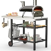 Onlyfire Outdoor Grill Cart Table for Blackstone Griddle and Ooni Pizza Oven, 3-Shelf Food Prep Table Patio Kitchen Island with XL Stainless Steel Countertop, Storage Basket and Wheels