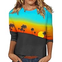 Blusas Casuales De Mujer, 3/4 Sleeve Shirts for Women Hawaii Print Graphic Tees Blouses Casual Plus Size Basic Tops Pullover