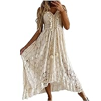 Women's Lace Up Dresses Boho Tassel V-Neck Spaghetti Strap Long Dress Summer Lace Crochet Flowy Cami Beach Sundress