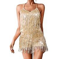Kaei&Shi Sparkly Sequin Romper, Tiered Fringe, Backless, Birthday Outfit