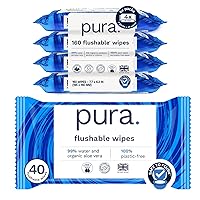 Pura Flushable Wipes 4 x 40 Toilet Wipes (160 Wipes), 100% Plastic Free Moist Toilet Tissue, 99% Water, Totally Chlorine Free & Fragrance Free, Sensitive Skin, Adult Wet Wipes