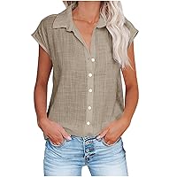 Women Summer Button Down Tops Loose Lightweight Sleeveless Blouses Cozy Linen T-Shirt Solid Casual Lapel Shirts