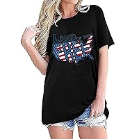 Land of The Free Letter Graphic American Flag Top Women 4th of July Patriotic Shirt Casual Holiday Crewneck Short Sleeve Tee
