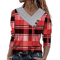 Women's Asymmetrical V Neck Casual Tops Fashion Plaid Print Long Sleeve Shirts Ruched Button Trim Fitted Blouses