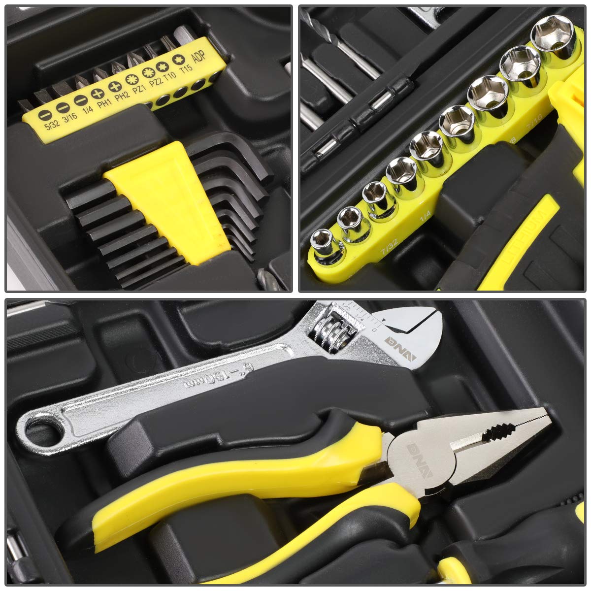 DNA MOTORING TOOLS-00019 Yellow 46 PCs 18V Cordless Drill Driver Bit Set w/Charger+Screwdrivers+Pliers Home/Offic Repair Kit