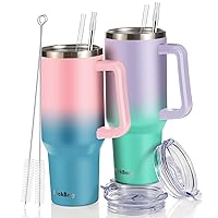 40 oz Tumbler 2 Pack with Handle and Straw, Tumbler Set of 2, Double Wall Stainless Steel Leak Proof Cup, Keeps Drinks Cold for 24 Hours Hot for 10 Hours, Dishwasher Safe, Fits Car Cup Holder