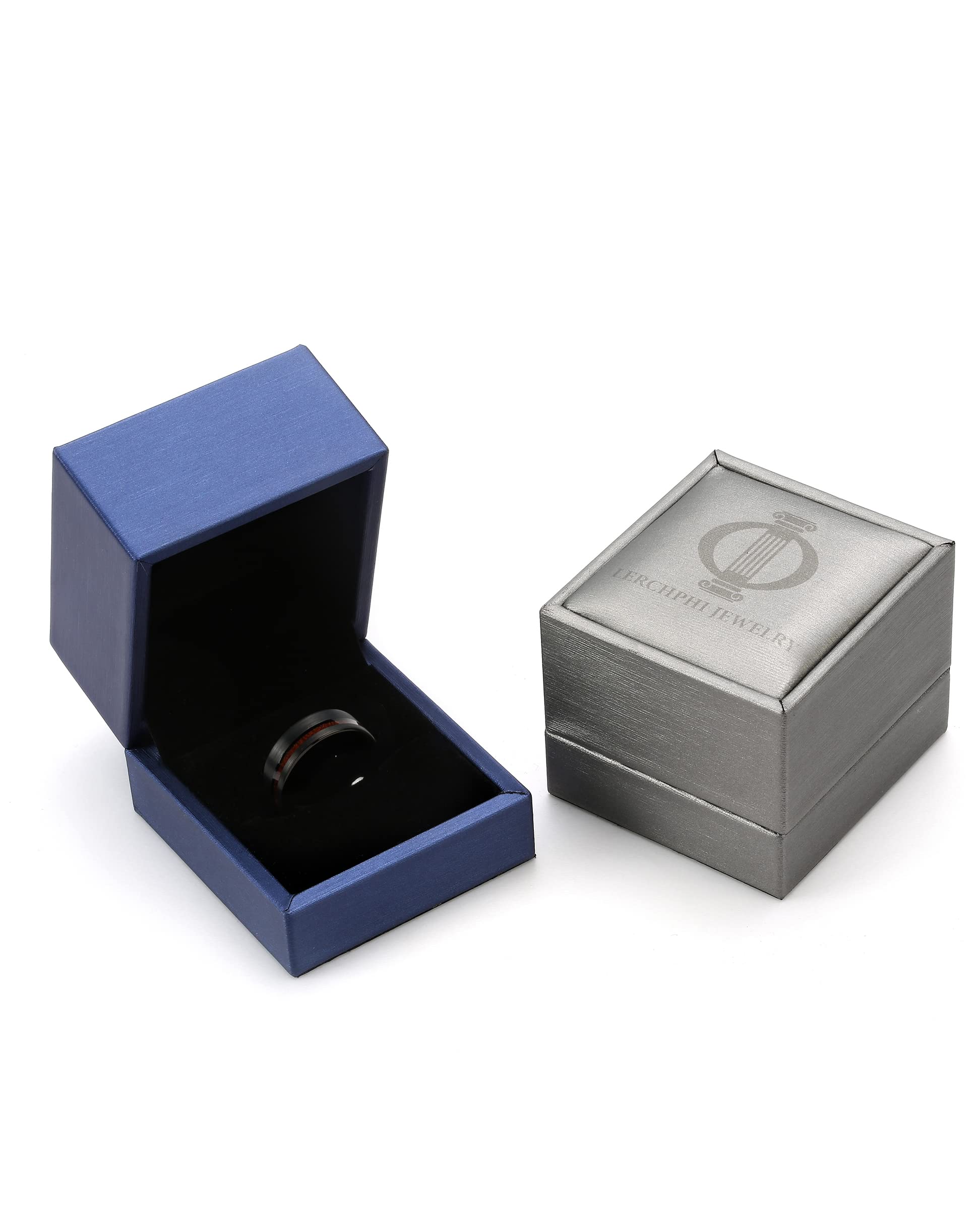 LerchPhi 8MM Mens Wedding Band Black Zirconium Ring KOA Wood Inlay Stepped Edge Unisex Promise Ring for Him and Her