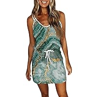 Women Summer Dresses Drawstring Sundresses Sleeveless Spaghetti V Neck Mini Dress Casual Swing Dress with Pockets