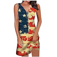 Women Summer Casual Midi Dress Round Neck Hollow Ring Sundresses America Flag Print Sleeveless Dress
