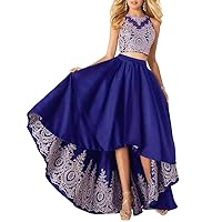 Women's Hi-Low Formal Dresses Satin Lace A-Line Two Piece Prom Dresses with Pockets Royal Blue