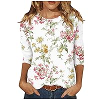 3/4 Sleeve Tops for Women,Summer Outfits Fashion Casual Three Quarter Sleeve Flower Print Round Neck Top Blouse