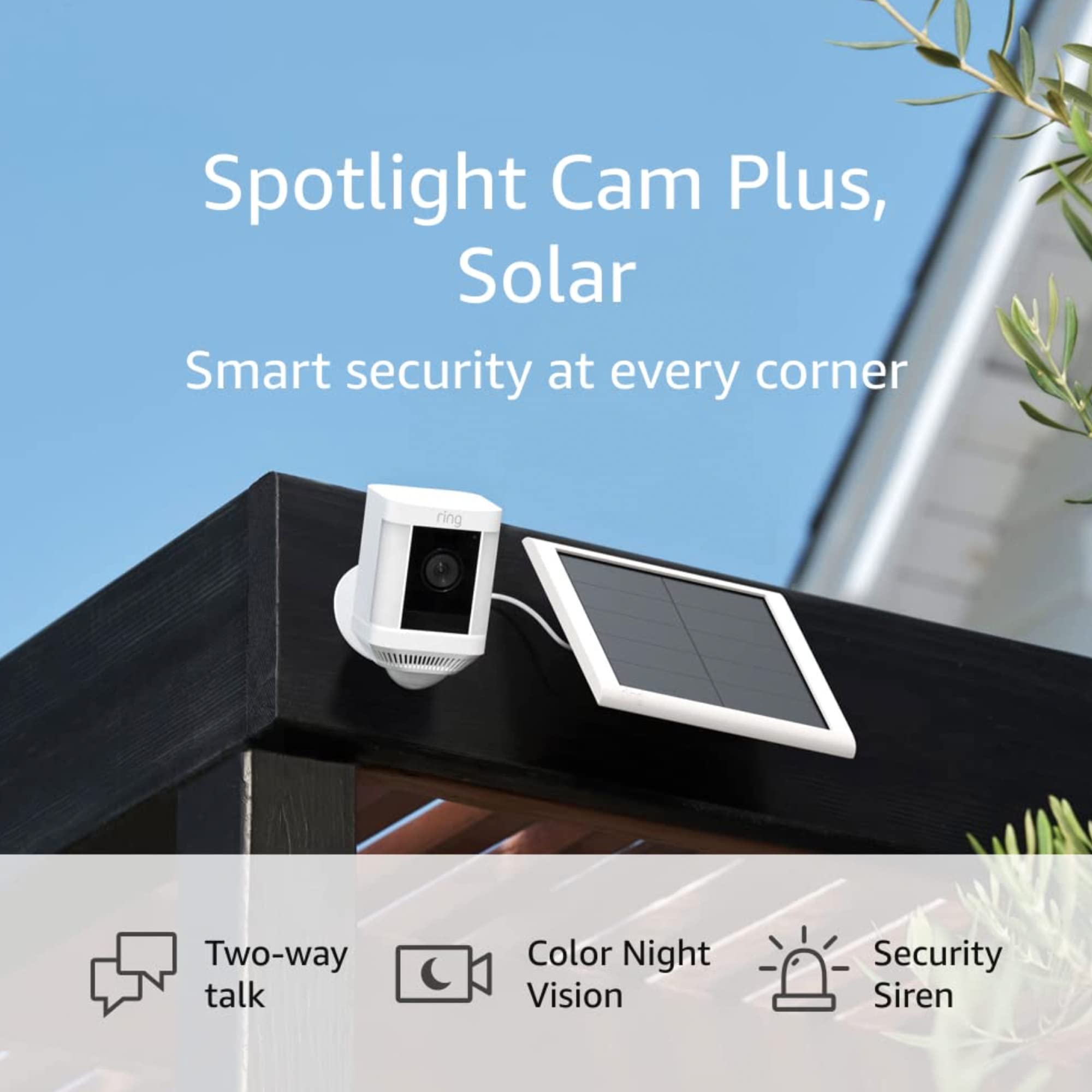 Ring Spotlight Cam Plus, Solar | Two-Way Talk, Color Night Vision, and Security Siren (2022 release) - White