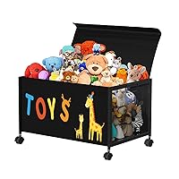 Kids Toy Box, 70L Metal & Oxford Cloth Toy Chest with 360° Wheels, Toy box with Lid for Boys, Girls, Stuffed Animals, Clothes, Bedroom, Living Room -Black
