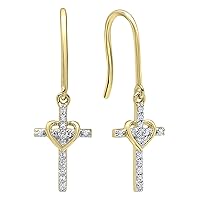 Dazzlingrock Collection 0.15 Carat (ctw) 10K Gold Round White Diamond Ladies Cross & Heart Drop Earrings