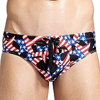 TiaoBug Men's Stars Flag Print Low Rise Bikini Briefs Drawstring Swim Trunks Panties Underwear