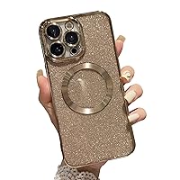 Magnetic Slim Clear Case for iPhone 14 Pro Max Compatible with MagSafe with Camera Lens Protector, Cute Glitter Bling Plating Clear Soft TPU Silicone Shockproof Case for Women Men, Gold