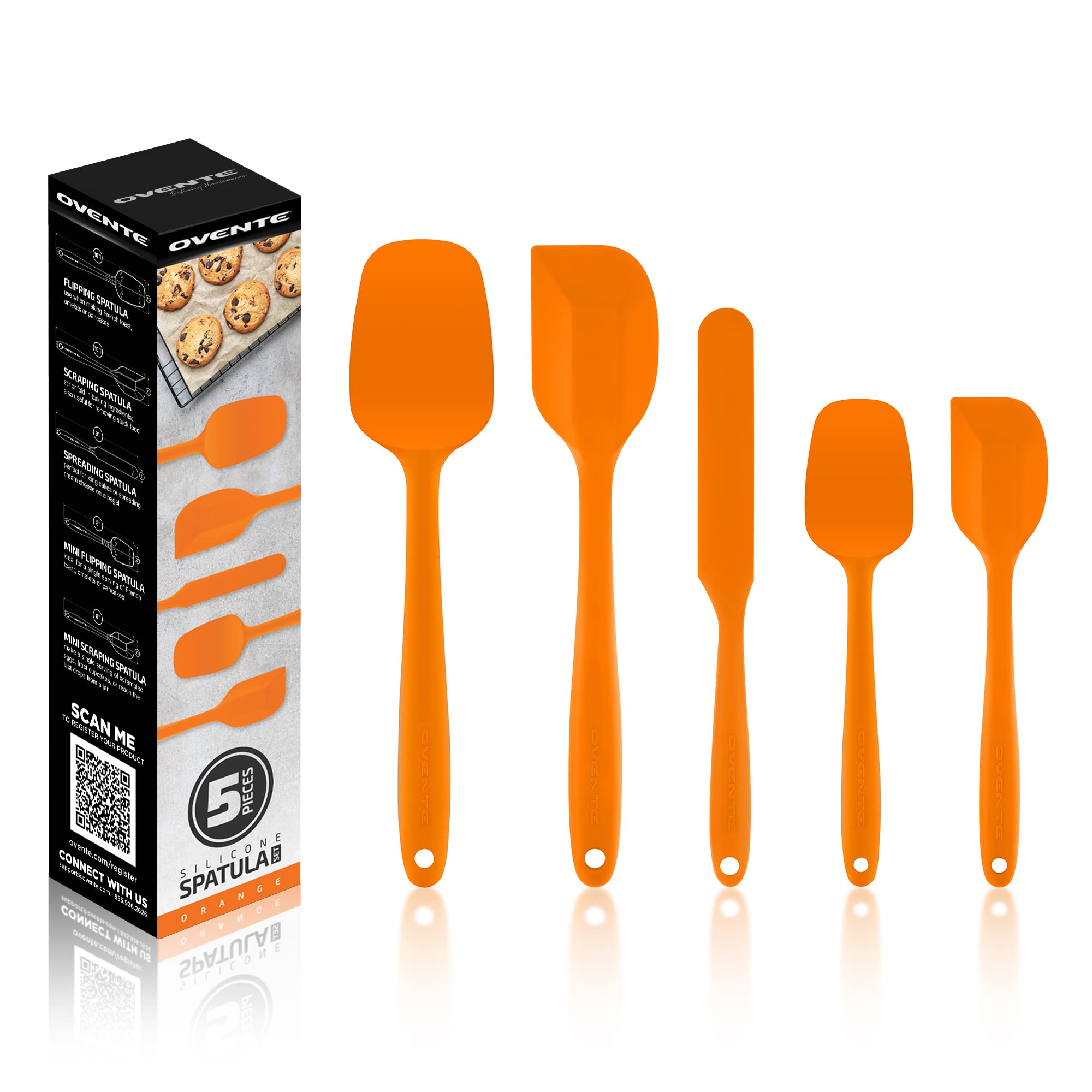 OVENTE Set of 5 Silicone Spatula , Food Grade Rubber Spatulas Heat Resistant w/ Stainless Steel Core & Seamless Design, Non Stick Rubber Spatula for Mixing, Baking & Cooking Orange SP12305O