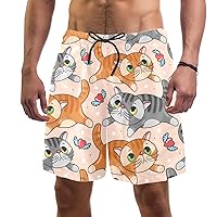 Cats with Red Heart Quick Dry Swim Trunks Men's Swimwear Bathing Suit Mesh Lining Board Shorts with Pocket, L