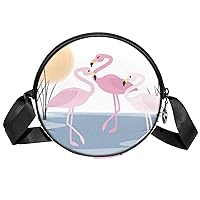 Flamingo Lake Reed Scene Crossbody Bag for Women Teen Girls Round Canvas Shoulder Bag Purse Tote Handbag Bag